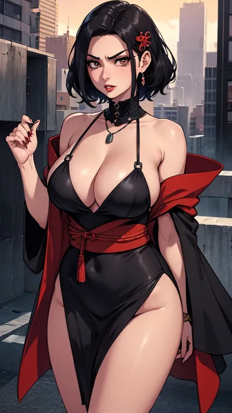 (hyper real)、Modern kunoichi、(21st century female ninja)､beautiful woman　　High level image quality　High resolution　(realistic)　short hair､black haired woman、mature woman、middle-aged women、big big、detailed red black 、fine skin texture、超A high resolution、rea...