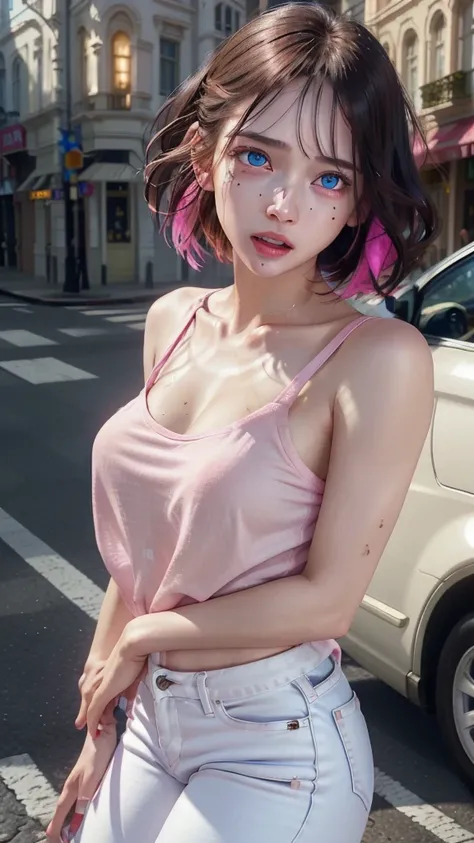 1girl, beautiful detailed eyes, horrified, scared, screaming, beautiful detailed lips, extremely detailed eyes and face, pink t-shirt, white jeans, standing on a street corner, award winning, intricate details, photorealistic, cinematic lighting, volumetri...