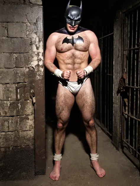 1950s, Batman handcuffed and locked in a dark cell in the basement, wearing only a tattered mask, naked without a belt, wearing only dirty, bulging white briefs, bare feet, bare hands, bruised eyes and swollen mouth, dirty and hairy body, dirty body, handc...