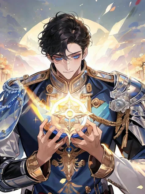 ((Masterpiece artwork:1.2、Maximum quality))、((two mens))、hair blonde、blue colored eyes(a gorgeous:1.4)、Only boys:1.3、uniforms、royaltly、BlackKnight、short black hair、gold eyes、scar on the right eye、black armour、fancy、Flowers blooming、lighting sun、Fantastic l...