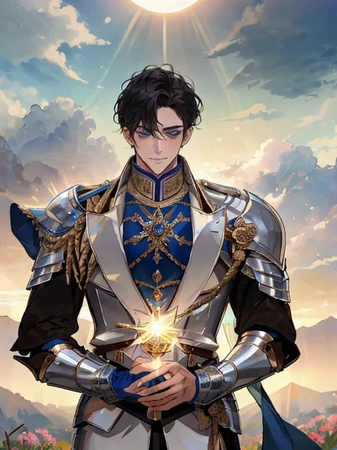 ((Masterpiece artwork:1.2、Maximum quality))、((two mens))、hair blonde、blue colored eyes(a gorgeous:1.4)、Only boys:1.3、uniforms、royaltly、BlackKnight、short black hair、gold eyes、scar on the right eye、black armour、fancy、Flowers blooming、lighting sun、Fantastic l...