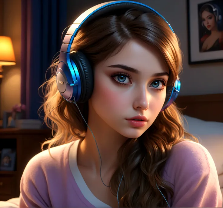 masterpiece, highest quality, beautifully, 1girl, extremely detailed face and eyes, long eyelashes, detailed lips, detailed hair, detailed outfit, headphones, bedroom, night, colorful, cinematic lighting, photorealistic, 8k, hyper detailed, intricate detai...