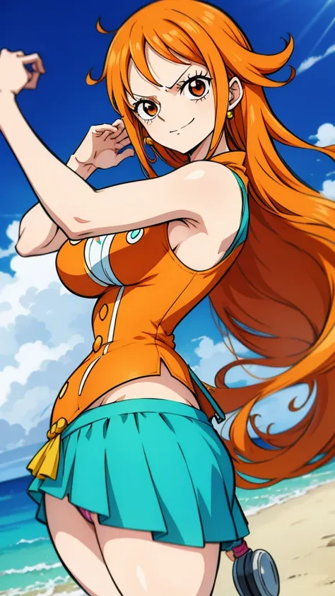 Generate a realistic anime-style image of Nami from One Piece. Capture her distinctive look with orange hair, a shirt, and a cheerful expression. Make sure the picture reflects your adventurous and confident personality as shown in the anime.., whole body,...