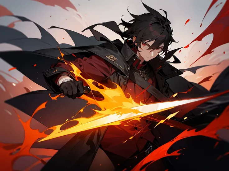 A good looking guy With Red And Black Coat With A sword,Fire In background