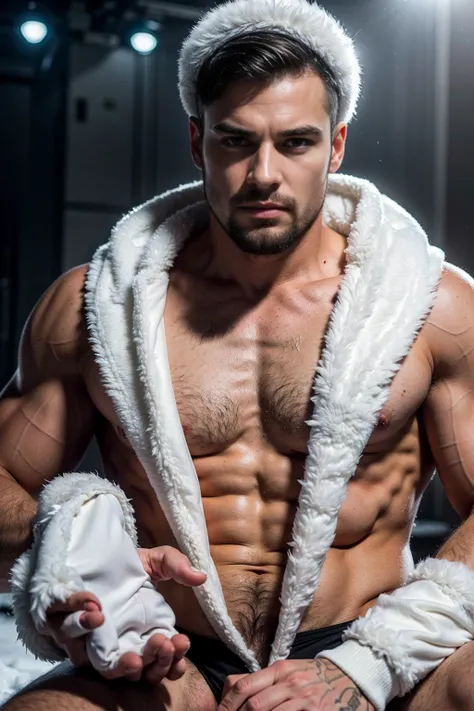 1 stocky shirtless Russian gay is standing with his legs and thighs opened and spread in the snow with wide landscape of snowfield , 1 man only, no other people, iceblocks and icelake and snow scene, he is wearing white fur gloves, fur woolen hat to cover ...