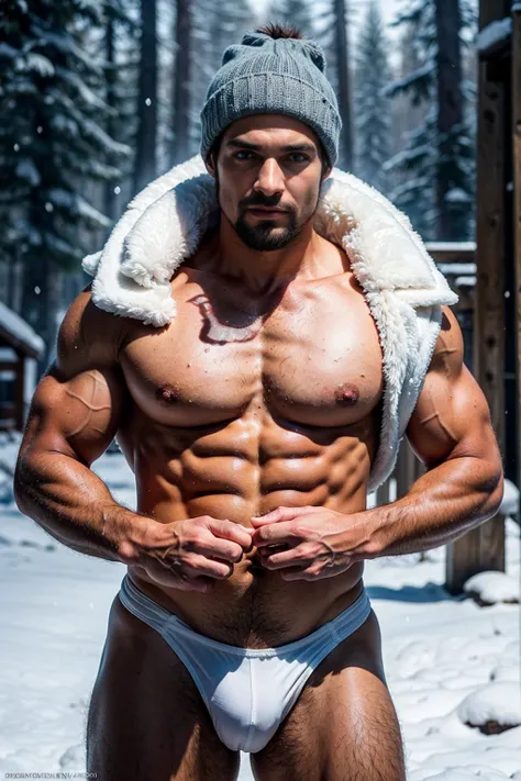 1 stocky shirtless Russian gay is standing with his legs and thighs opened and spread in the snow with wide landscape of snowfield , 1 man only, no other people, iceblocks and icelake and snow scene, he is wearing white fur gloves, fur woolen hat to cover ...