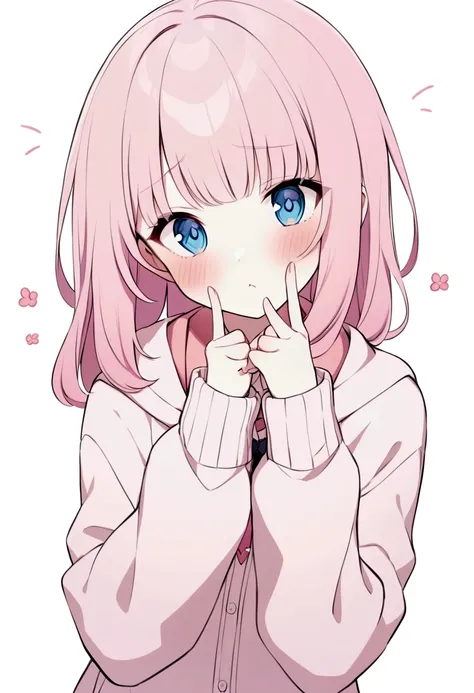 girl with pink hair and blue eyes, wearing jk, poke with two fingers，shy