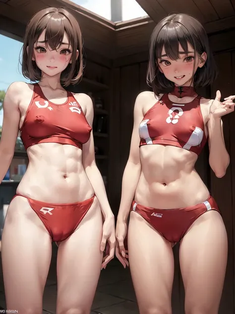 (nsfw:1.1),((2 girls,10yo)), (Blushing:1.4), (silk highleg small tight sports bikinis red white and black color), evil Smile, Cowboy Shot, Slim body, large breast, Full Body, (erect nipples,cameltoe:1.2)