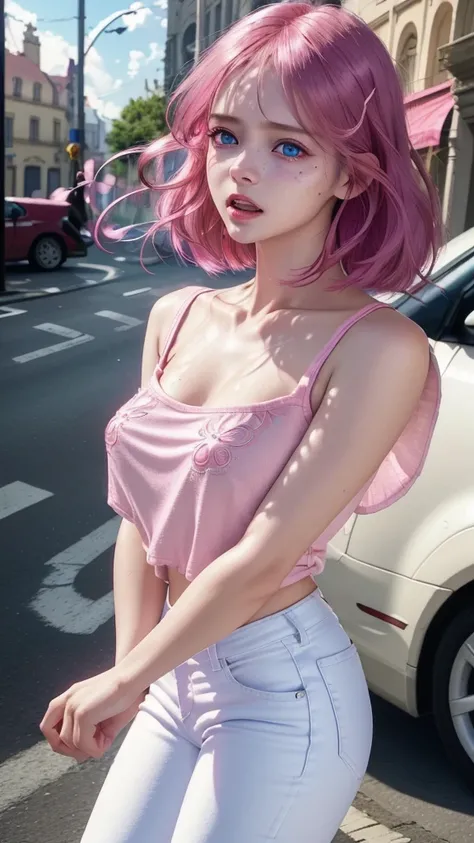 1girl, beautiful detailed eyes, horrified, scared, screaming, beautiful detailed lips, extremely detailed eyes and face, pink t-shirt, white jeans, standing on a street corner, award winning, intricate details, photorealistic, cinematic lighting, volumetri...