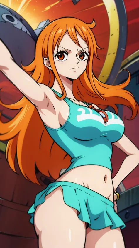 Generate a realistic anime-style image of Nami from One Piece. Capture her distinctive look with orange hair, a shirt, and a cheerful expression. Make sure the picture reflects your adventurous and confident personality as shown in the anime.., whole body,...