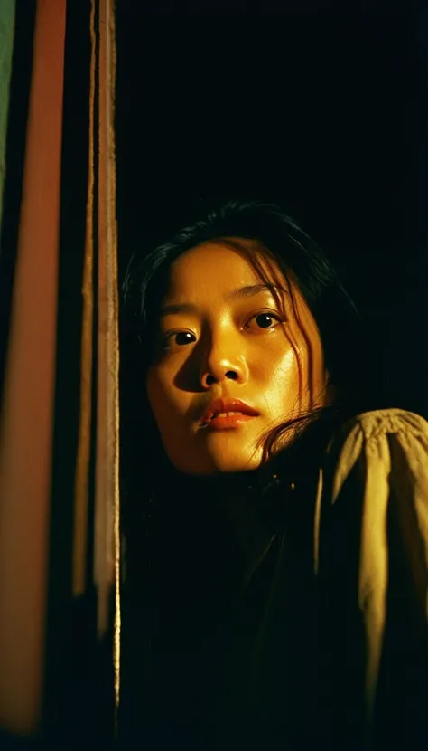 Extreme low angle shot from below, girl, looking at camera, drama movie, movie still, lighting through window, shadows on face, wong kar wai color palette
