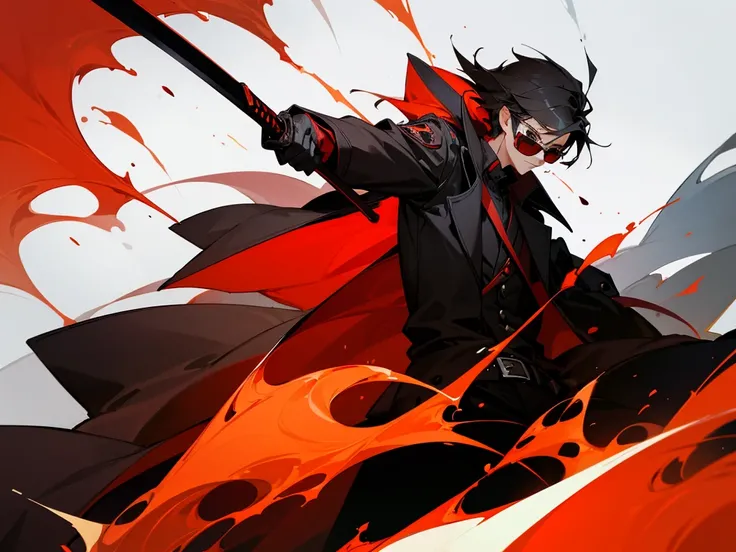 A Guy With Red And Black Coat wearing swag glasses With A sword,FireSpreading In background