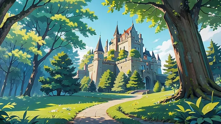 a path surrounded by a forest and trees to a castle that you see at the end

