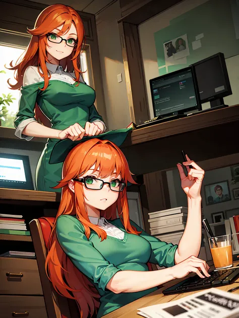 Ginger woman, green eyes, glasses, sitting on Computers 