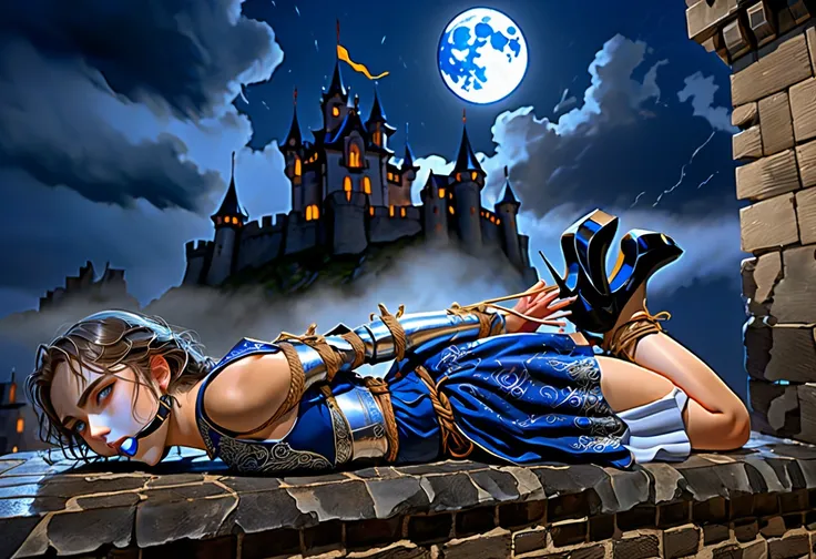 Graphics novel illustration, best quality, high resolution, 8k aesthetic, mesmerizing celestial moonlight, Over the walls of a large castle. A beautiful young woman in a short (Armored Dress), hogtied&gagged, ((laying on stomach)), short skirt, feet bound,...