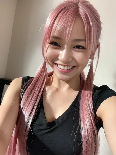 (8k, best quality, masterpiece:), japanese girl with pink hair on pony tail selfie POV on a dark bedroom wearing V-neck shirt, sexy clothes, smiling showing teeth, selfie shot, minimal lighting, messy hair, best quality, ultra realistic, perfect body, beau...