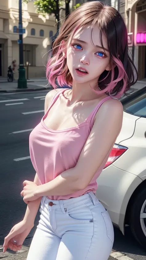 1girl, beautiful detailed eyes, horrified, scared, screaming, beautiful detailed lips, extremely detailed eyes and face, pink t-shirt, white jeans, standing on a street corner, award winning, intricate details, photorealistic, cinematic lighting, volumetri...