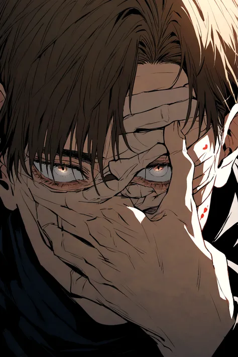 Jujutsu Kaisen, male with shaggy brown hair, bangs covering his face with a beauty mark at his chin, clouded eyes from being blind