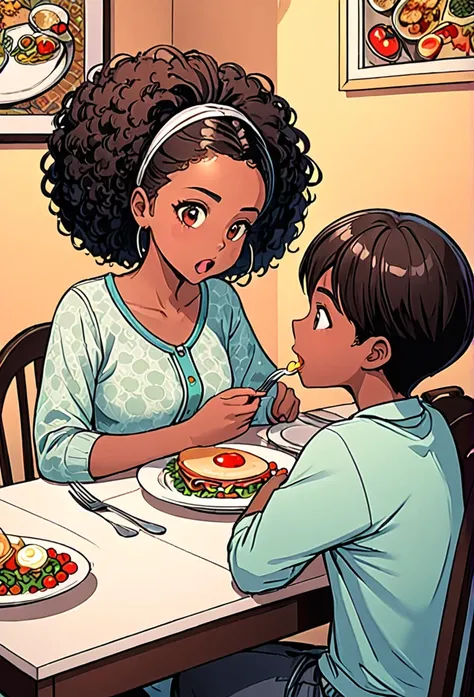 Comic where a black girl is eating on a dinning table, and a boy too
