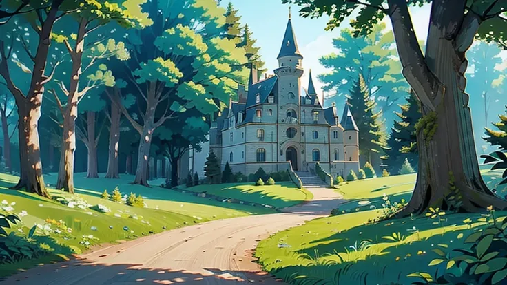 a dirt path surrounded by a forest and trees to a castle so far that you see at the end