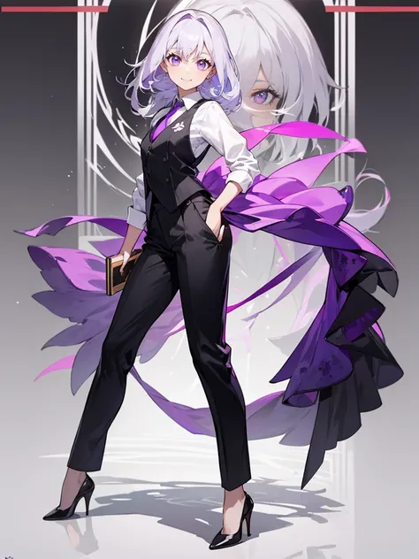 purple,((long layer cut)),woman,bartender,vest,shirt,tie,pants,high heels,all,simple background,smile,whole body,full body,full body,Standing picture,vtuber,upright,,look forward to,body facing forward