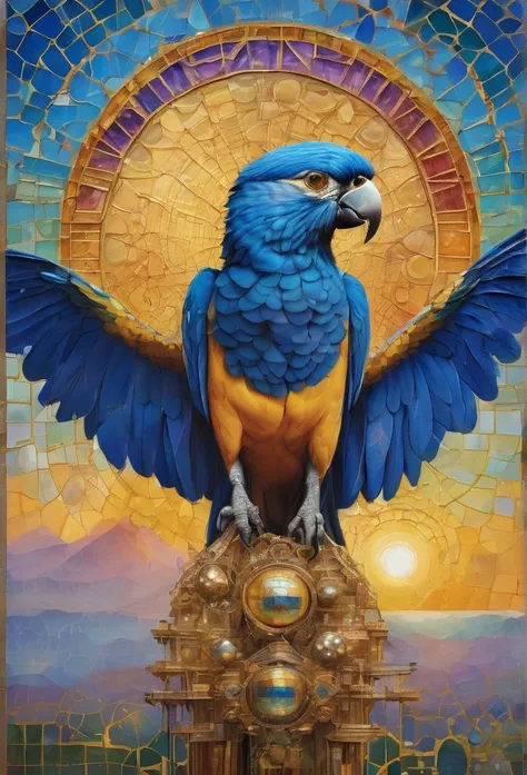 Guacamaya azul, in the center of the image , lenormand oracle,Beautiful line art photo，Use gold strokes and rainbow paint，Golden Maiden，the golden ratio，Melted wax，Visible brush strokes，surrounded by crystal spheres，3D Mosaic Wireframe，neuroimaging，neurons...