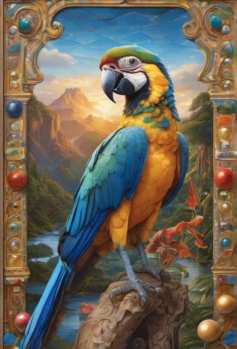 Guacamaya azul, in the center of the image , lenormand oracle,Beautiful line art photo，Use gold strokes and rainbow paint，Golden Maiden，the golden ratio，Melted wax，Visible brush strokes，surrounded by crystal spheres，3D Mosaic Wireframe，neuroimaging，neurons...