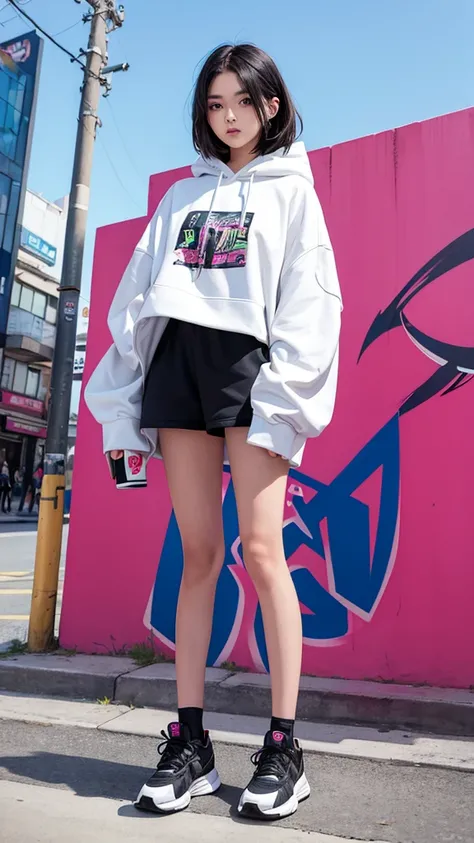 Capture a stylish girl in a hype outfit, complete with trendy sneakers, oversized hoodie, and edgy accessories. Shes posing confidently in front of a modern, urban building. Behind her, theres a large, vibrant graffiti mural featuring the word SASIMO in bo...