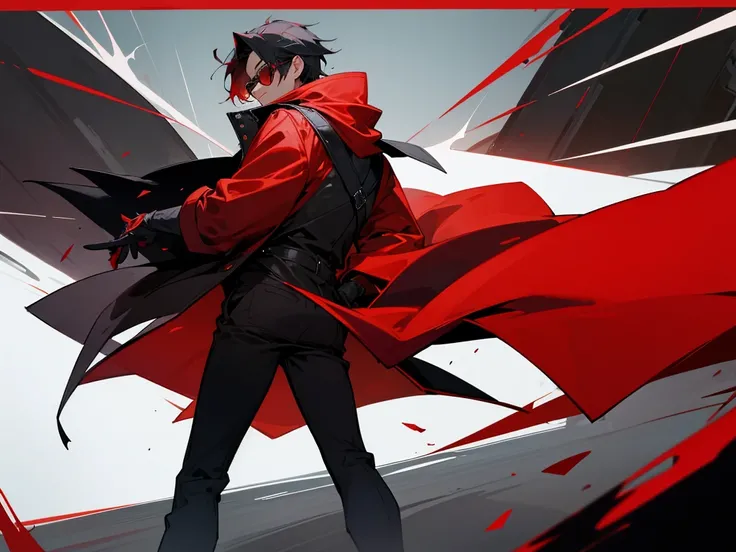 A cool guy looking back like a villian wearing black and red coat and swag glassesAnd there should be no air 