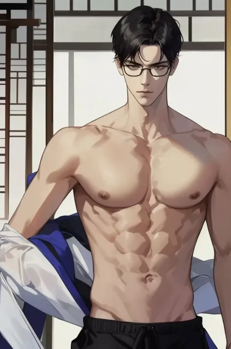 masterpiece, best quality, realistic, 1man, male focus, tall fit, handsome, [thin eyebrows:0.5], serious, shirtless, portrait, extremely detailed face, black hair, (short hair), shirtless, six packs, full body, Japanese, round glasses, relax