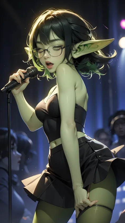 ((best quality)), ((masterpiece)), (detailed), perfect face, ((green skin)), pointy ears, tiny breasts, wearing black rimmed glasses, short dark hair, wearing black bra and short black skirt and black pantyhose and back pumps, visible midriff, (night outsi...