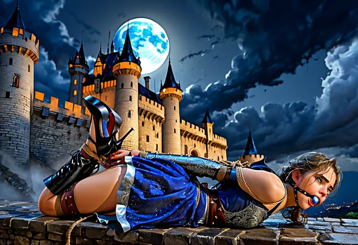 Graphics novel illustration, best quality, high resolution, 8k aesthetic, mesmerizing celestial moonlight, Over the walls of a large castle. A beautiful young woman in a short (Armored Dress), hogtied&gagged, ((laying on stomach)), short skirt, feet bound,...