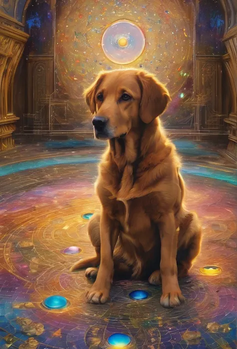 Perros de razas diferentes, in the center of the image , lenormand oracle,Beautiful line art photo，Use gold strokes and rainbow paint，Golden Maiden，the golden ratio，Melted wax，Visible brush strokes，surrounded by crystal spheres，3D Mosaic Wireframe，neuroima...