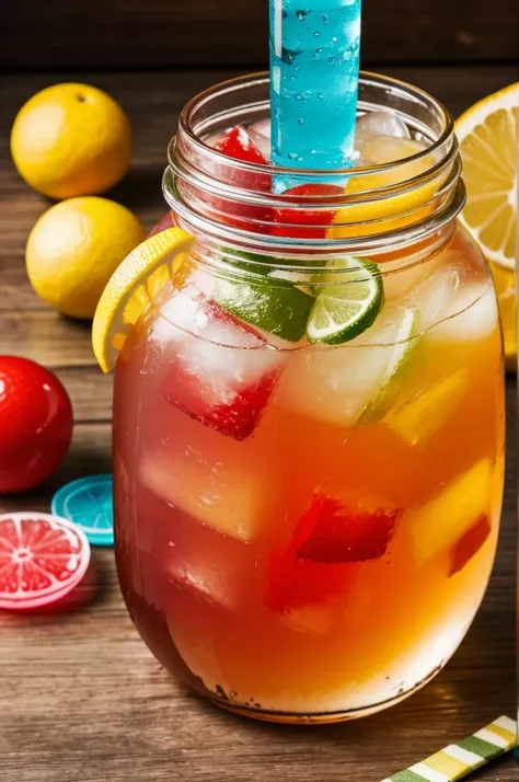 a big jar of cocktail water and there is a colorful jelly ball inside