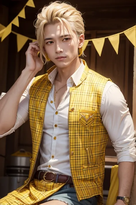 June festival corn king with yellow plaid shirt and gold satin vest