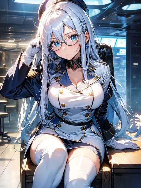 masterpiece, best quality, beautiful girl, white hair with blue inner color, emerald green eyes, dark blue military uniform, mature_female, eye_glasses, white gloves, anime, dark blue military hat, very_long_hair, perfect body, red ribbon, commander, scien...