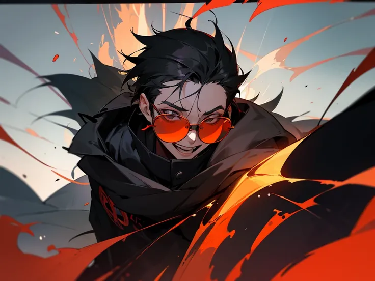 An anime guy wearing black coat with red lining and swag glasses, looking up and laughing, fire in his background everywhere