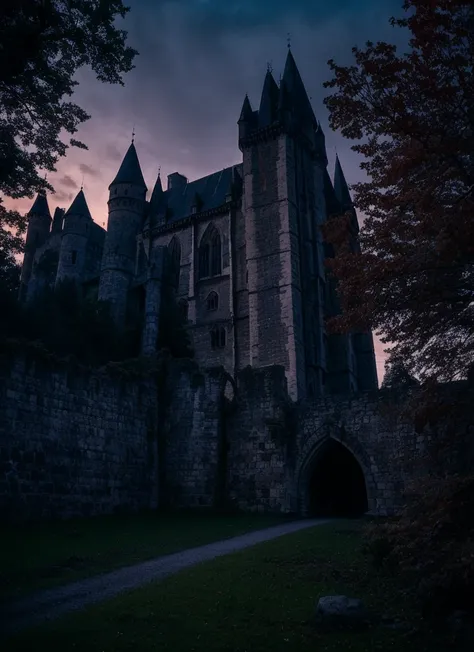 In the heart of an ancient forest stands a Gothic castle, its pointed towers silhouetted against a sky of deep purples and blacks. Dim windows glow faintly amidst Gothic arches while gargoyles watch from the cornices. Twisted trees lean towards the structu...