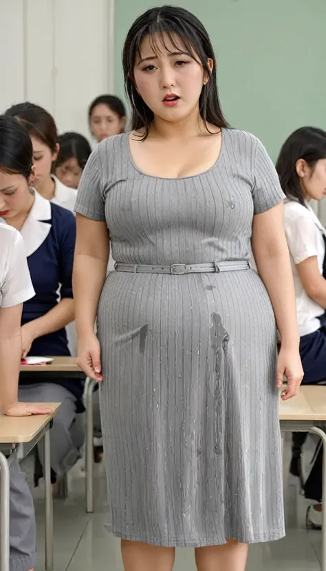 1woman,(masterpiece:1.8),photo-realistic,16k,(beautiful 30s japanese plump lady:1.3), (gray knit pinstripe dress:1.4),belt,slipper,(whimpering:1.6),(panicking:1.6),(crying:1.7),(handing on wetting crotch with both hands:1.2),(classroom:1.2),(crowd kids:1.3...