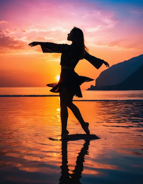 (masterpiece, best quality:1.2), 1girl, solo, standing_split, Silhouette photo of 1woman, multiple exposure, sunset, enhance, intricate, high-saturation, (best quality, masterpiece, Representative work, UHD, HIghres, Professional, 8k wallpaper:1.3)
