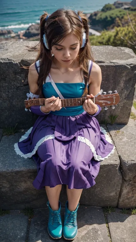 ((masterpiece, best quality))1girl, solo, androgyny fashion purple dress modern future, electric guitar, headphones, ponytail, holding, holding plectrum, instrument, very very long brown hair, music, one side up, teal hair, twin tails, playing guiter, plea...