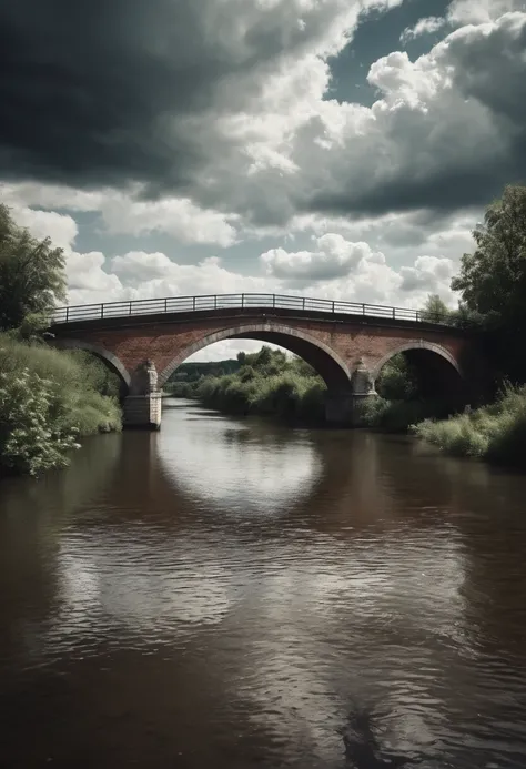 A REALISTIC NEW PHOTO PICTORIALISM PHOTO of a brick bridge over river, fluffy clouds in the background, in the style of zeiss ikon zm, cluj school, analogue filmmaking, photo, dark white, confessional, washed-out, HDRI.