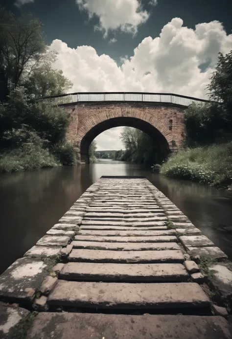 A REALISTIC NEW PHOTO PICTORIALISM PHOTO of a brick bridge over river, fluffy clouds in the background, in the style of zeiss ikon zm, cluj school, analogue filmmaking, photo, dark white, confessional, washed-out, HDRI.