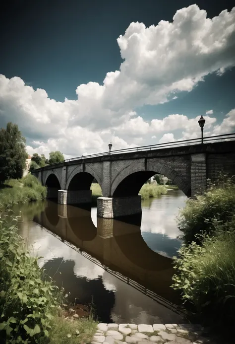 A REALISTIC NEW PHOTO PICTORIALISM PHOTO of a brick bridge over river, fluffy clouds in the background, in the style of zeiss ikon zm, cluj school, analogue filmmaking, photo, dark white, confessional, washed-out, HDRI.