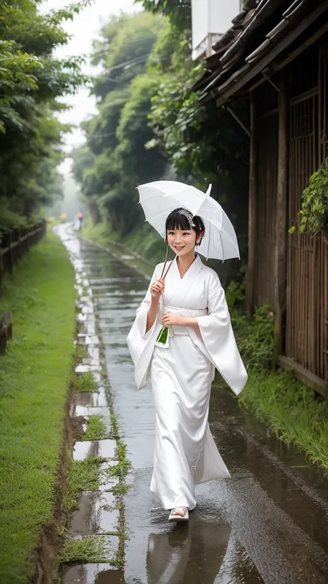 A bride wearing a pure white kimono bride costume, wearing a white simple fox mask on her face, raining, rural rice fields, walking on the path, looking down a little, there is a person with a big umbrella next to the bride, a person with a lantern is marc...