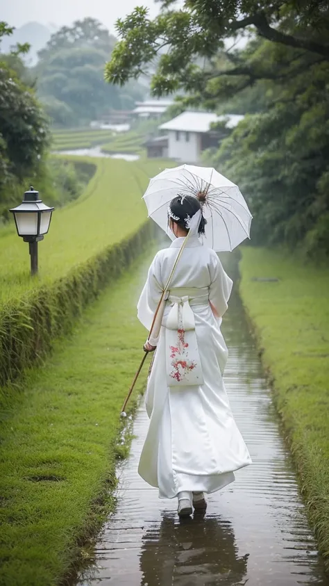 A bride wearing a pure white kimono bride costume, wearing a white simple fox mask on her face, raining, rural rice fields, walking on the path, looking down a little, there is a person with a big umbrella next to the bride, a person with a lantern is marc...