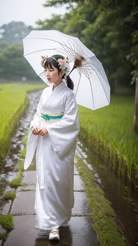 A bride wearing a pure white kimono bride costume, wearing a white simple fox mask on her face, raining, rural rice fields, walking on the path, looking down a little, there is a person with a big umbrella next to the bride, a person with a lantern is marc...