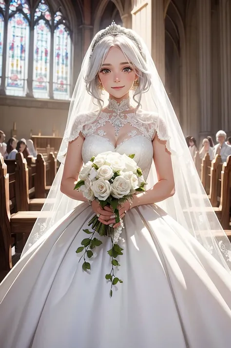 beautiful white haired woman　Wedding dress　Veil on the face　Bouquet in hand　smile　tears in my eyes　church　The sunlight that came in is shining