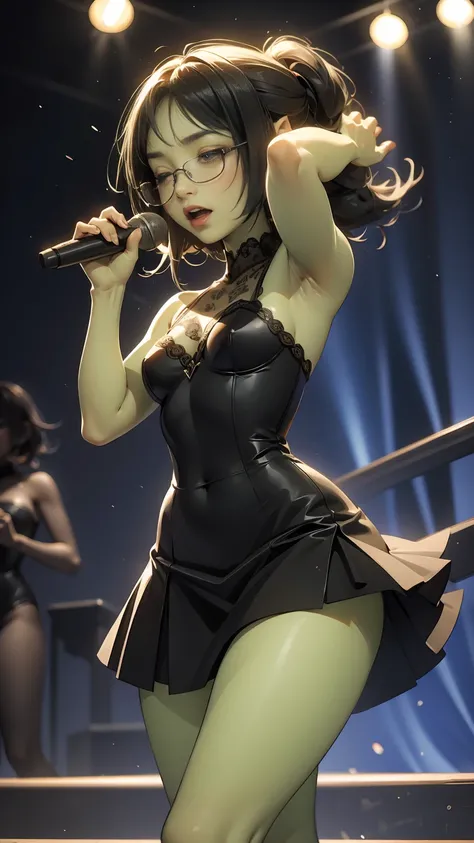 ((best quality)), ((masterpiece)), (detailed), perfect face, ((green skin)), pointy ears, tiny breasts, wearing black rimmed glasses, short dark hair, wearing tiny lace black bra and short black skirt and black pantyhose and back pumps, visible midriff, (n...