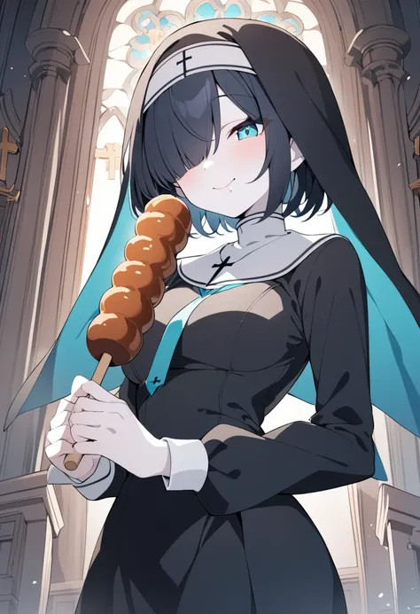 1girl, nun, cross, cross necklacke, jewelry, black hair, turquoise bangs, very short hair, hair over eyes, pale skin, turquoise eyes, black dress, church, smile, eating oden, (masterpiece), best quality, anime style,